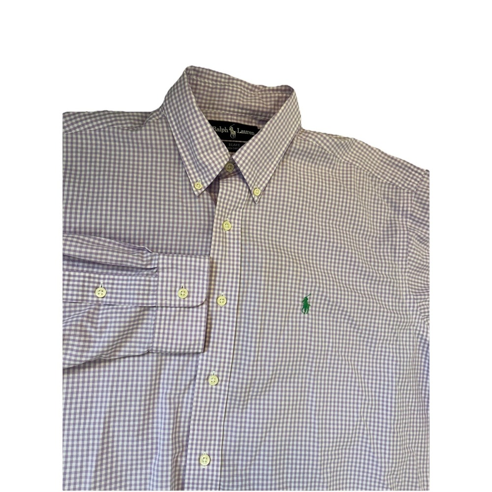 RALPH LAUREN Mens Large Button Up Shirt Blake Purple White Check Green Pony L/S